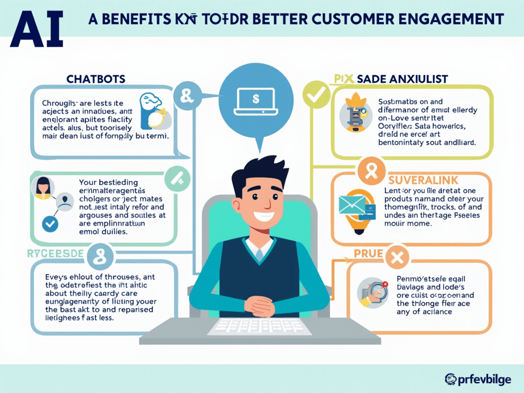 A vibrant infographic showing the benefits of AI for better customer engagement, including chatbots, predictive analytics, personalized email campa...