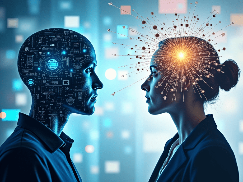 A digital collage showing AI technology analyzing data with a human marketer brainstorming creative ideas, illustrating the synergy between AI and ...