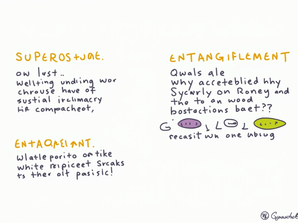 A simple illustration explaining the concepts of qubits, superposition, and entanglement in quantum computing, with a friendly and engaging design.