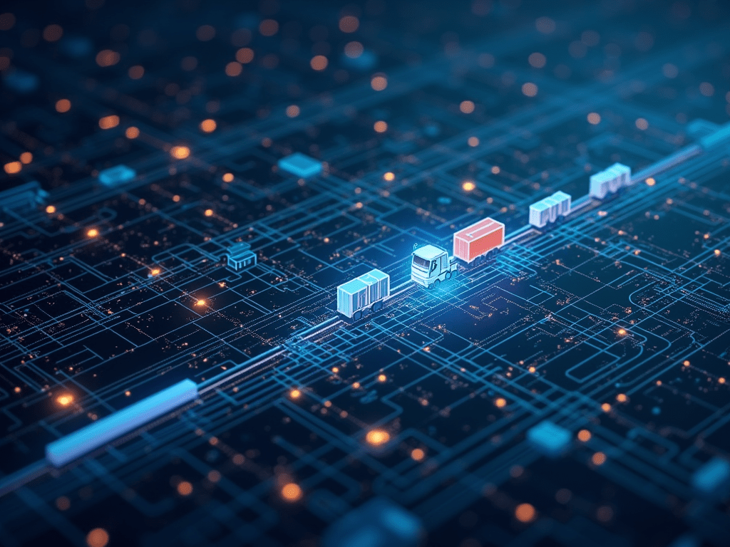 Visualization of quantum computing optimizing a supply chain network, highlighting efficiency improvements in logistics and inventory management.