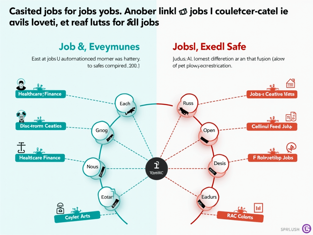 A visual comparison of jobs at risk vs. jobs considered safe from AI automation, highlighting key sectors like healthcare, finance, and creative ar...