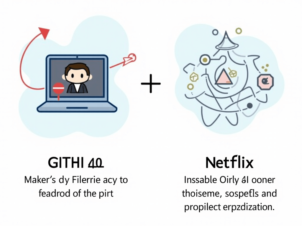 Case study illustrations showing GitHub's Copilot in action and Netflix's use of AI in automated testing, highlighting the benefits and efficiencie...