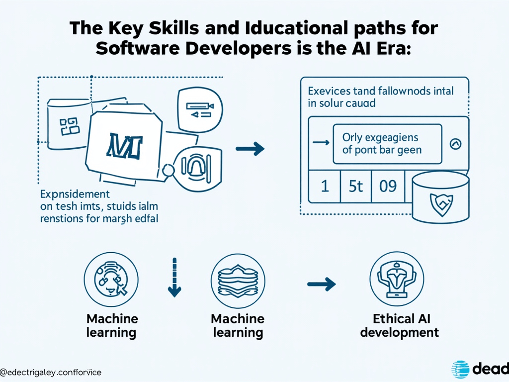 An educational infographic highlighting the key skills and educational paths for software developers in the AI era, including AI fundamentals, mach...