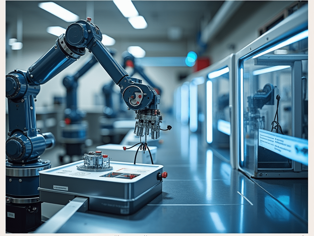 Photos showcasing robots in manufacturing and an automated laboratory system, illustrating the diverse applications of automation in different indu...