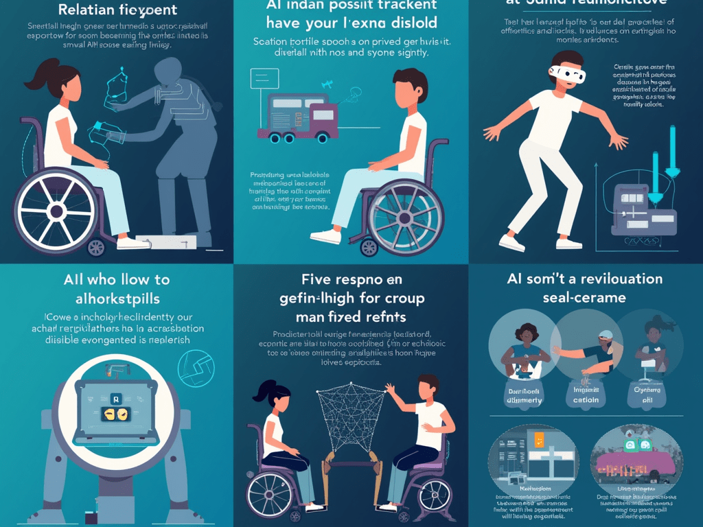 Images illustrating AI's positive impact on human rights, such as accessibility tools for the disabled and AI-driven disaster response strategies.