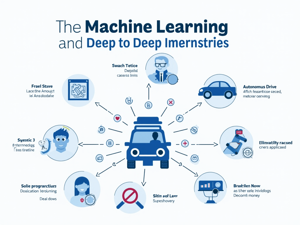 An infographic depicting various applications of machine learning and deep learning across industries, such as healthcare, autonomous driving, and ...