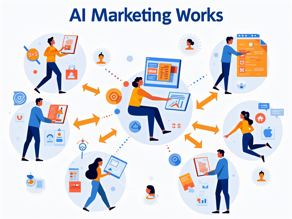 A vibrant infographic showing how AI marketing works, illustrating the flow from data collection to behavior prediction and personalized marketing ...