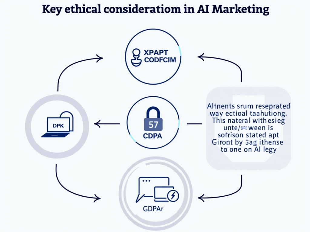 A diagram highlighting key ethical considerations in AI marketing, including data privacy, consent, and transparency, with symbols representing leg...