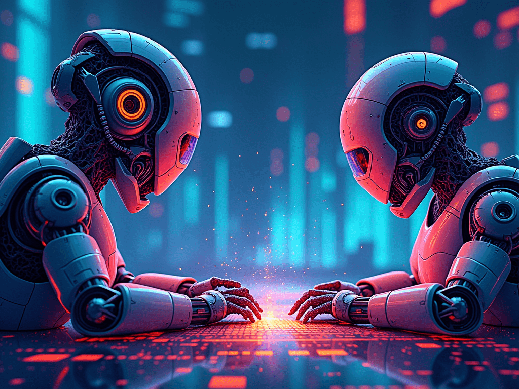 A vividly colored digital art illustration showcasing futuristic machines analyzing financial data, embodying AI's role in customizing banking expe...