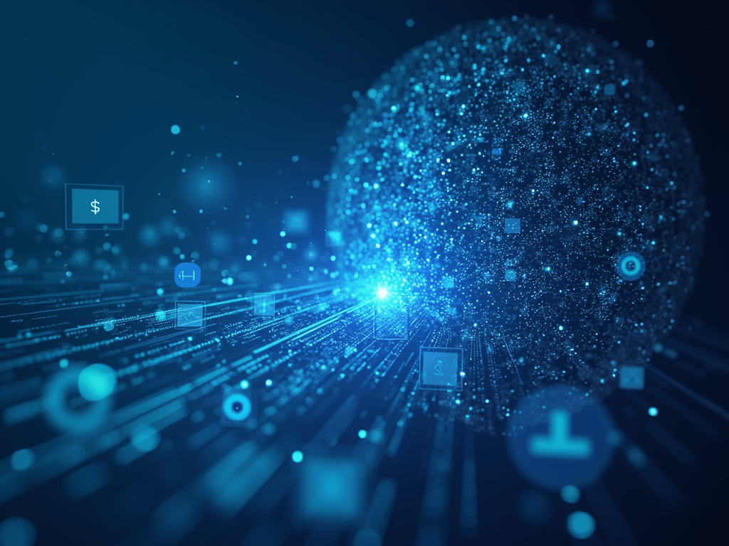 An engaging visual forecasting future trends in AI for financial services, including quantum computing and predictive analytics.
