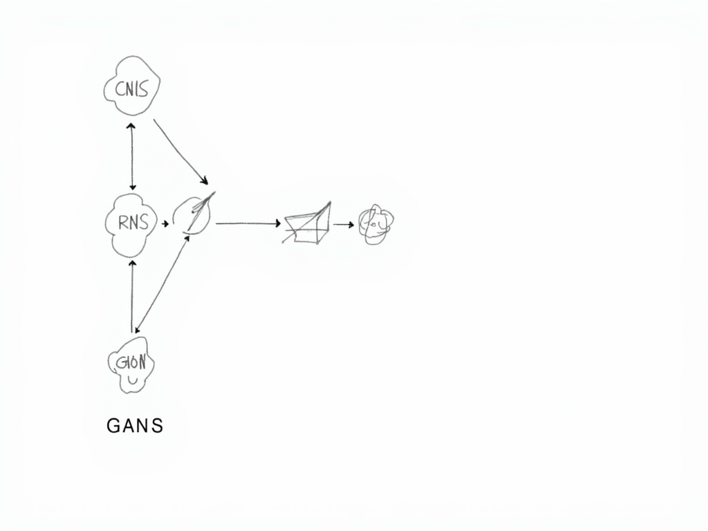 A clear diagram illustrating the three types of neural networks: CNNs, RNNs, and GANs, with symbols or imagery representing their key functions or ...