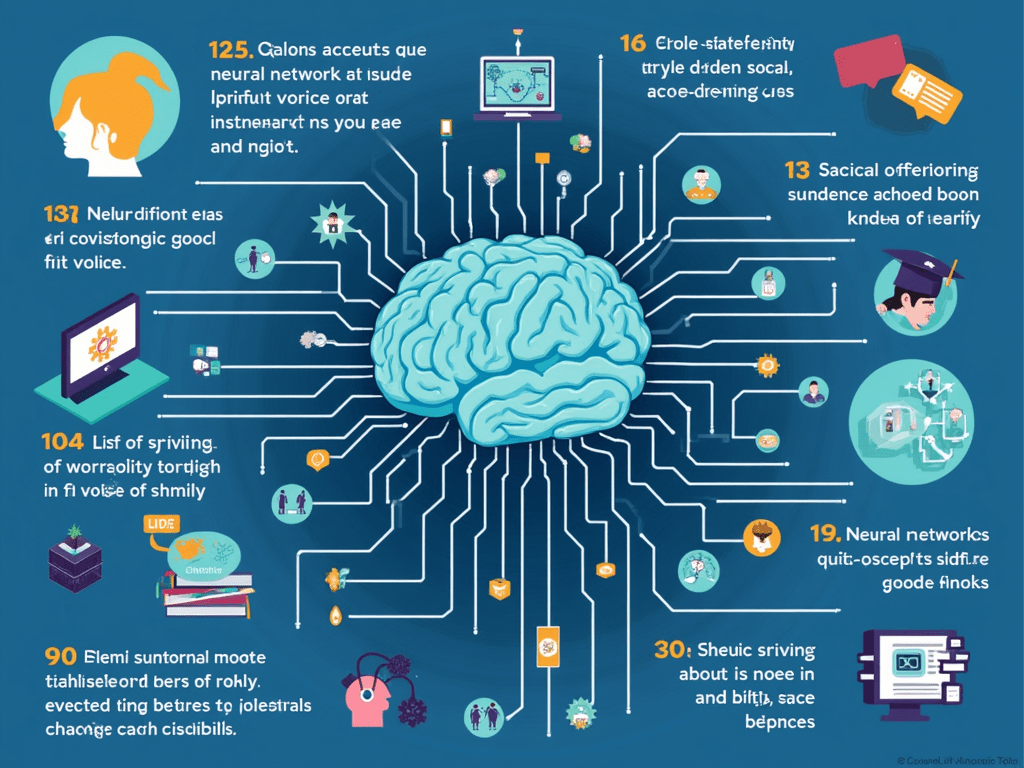 An engaging infographic showcasing various practical applications of neural networks, including voice assistants, self-driving cars, and medical di...