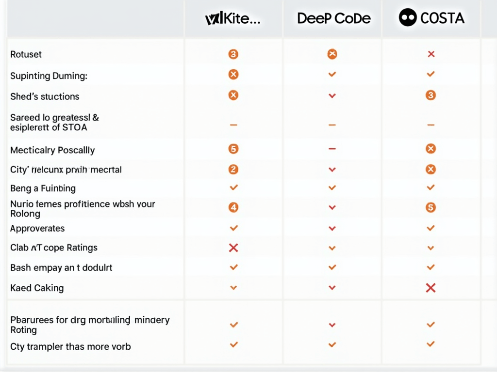 A comparison chart illustrating the features, supported programming languages, and integration capabilities of Kite, Deep Code, and Costa. Include ...