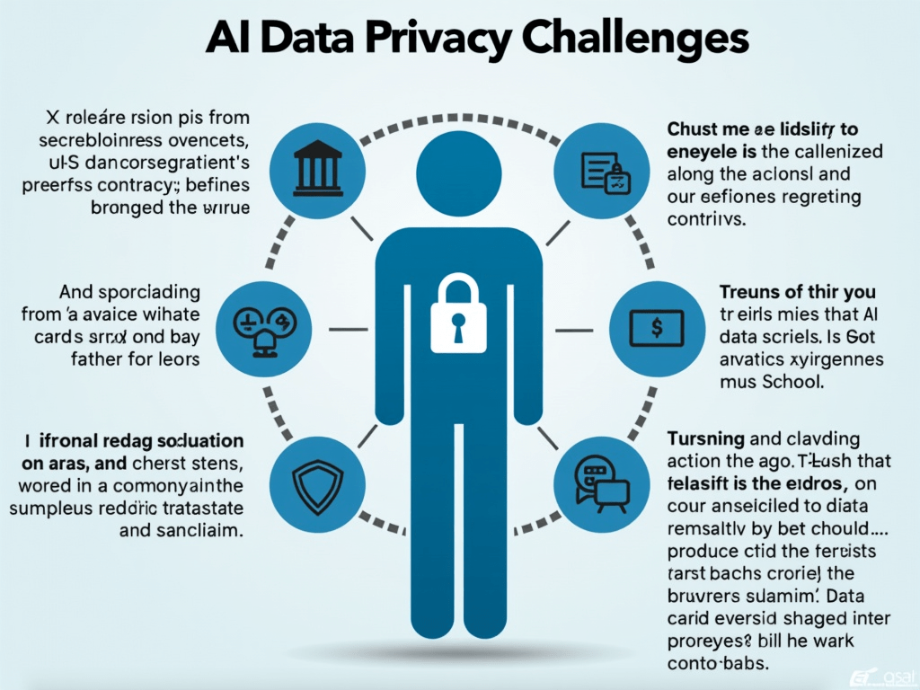 Illustration of AI data privacy challenges, including data bias, surveillance, and data breaches, with real-world examples.