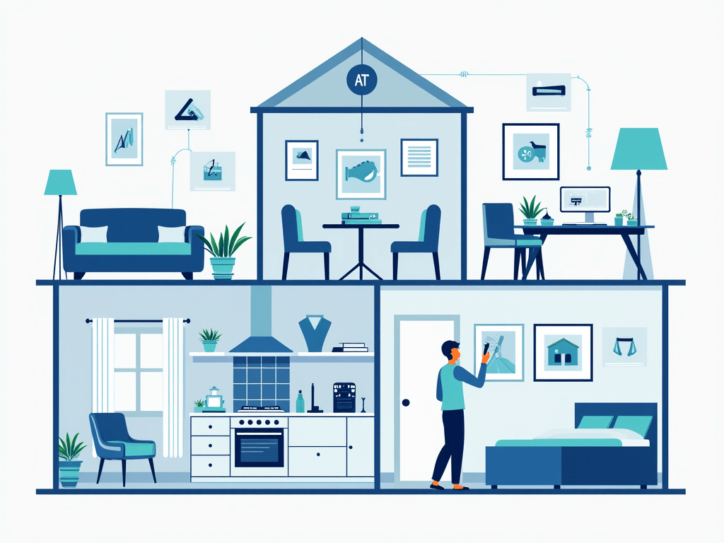 Illustrate the seamless integration of AI in a smart home, highlighting the living room, kitchen, and bedroom with connected devices and automation...