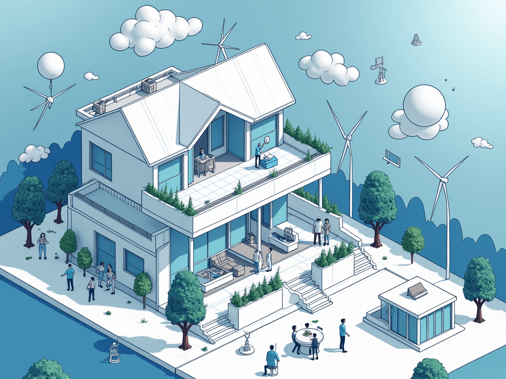 Illustrate future trends and innovations in smart home technology, focusing on AI advancements, energy integration, and new user interfaces in a fu...