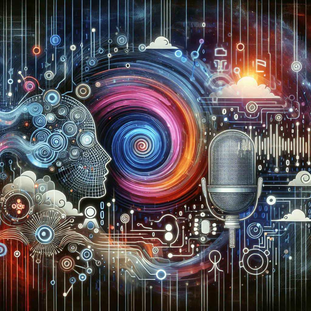 Create a visually engaging abstract digital art piece with a vivid aesthetic. The central themes are AI and Voice Recognition, representing the future - illustration related to AI and Voice Recognition: What's Next?