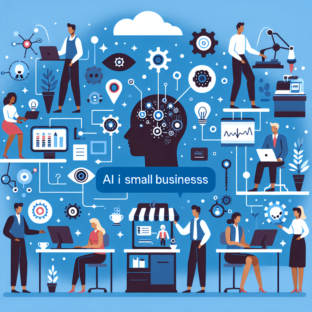 In a minimalist flat design with a vivid aesthetic, illustrate the concept of AI for small businesses, focusing on business tools, automation, and eff - illustration related to AI for Small Businesses: Tools and Benefits