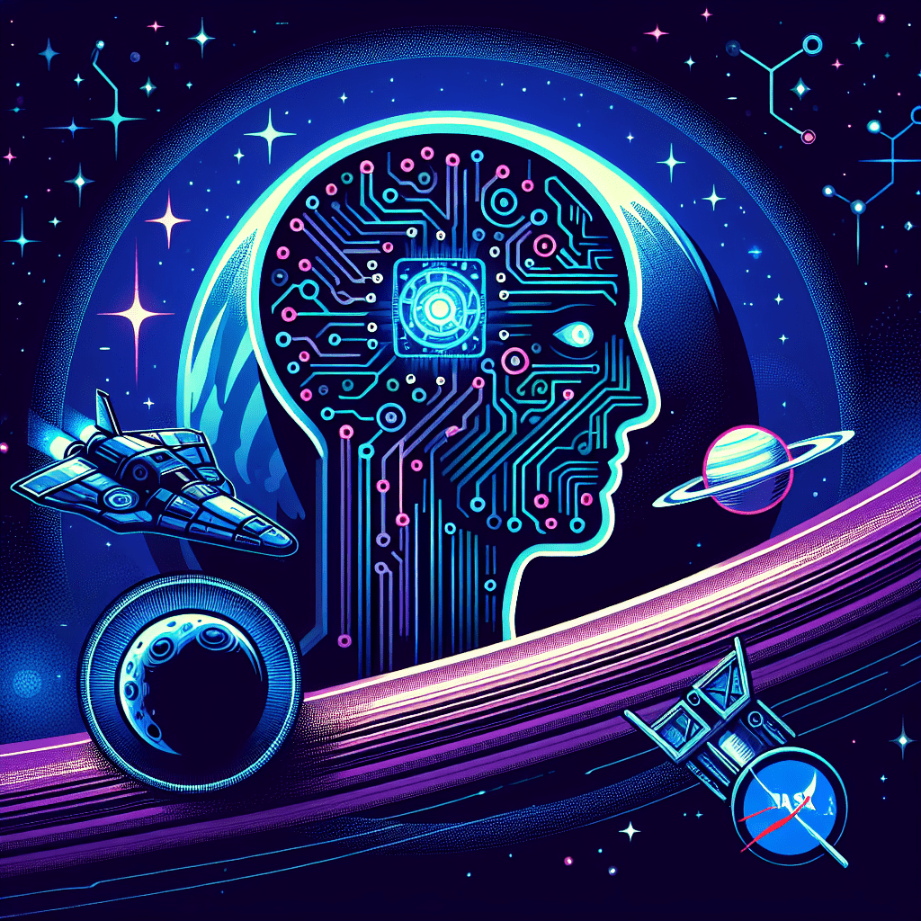 Create an image representing the concept of artificial intelligence contributing to the exploration of space. The image should depict elements such as - illustration related to AI in Space Exploration: A New Frontier