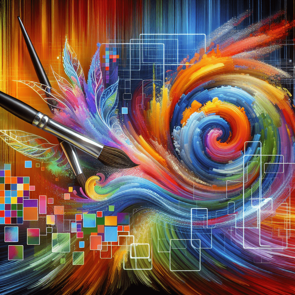 Creating a vibrant digital artwork that represents a collaboration between a human artist and artificial intelligence. The image should communicate a
