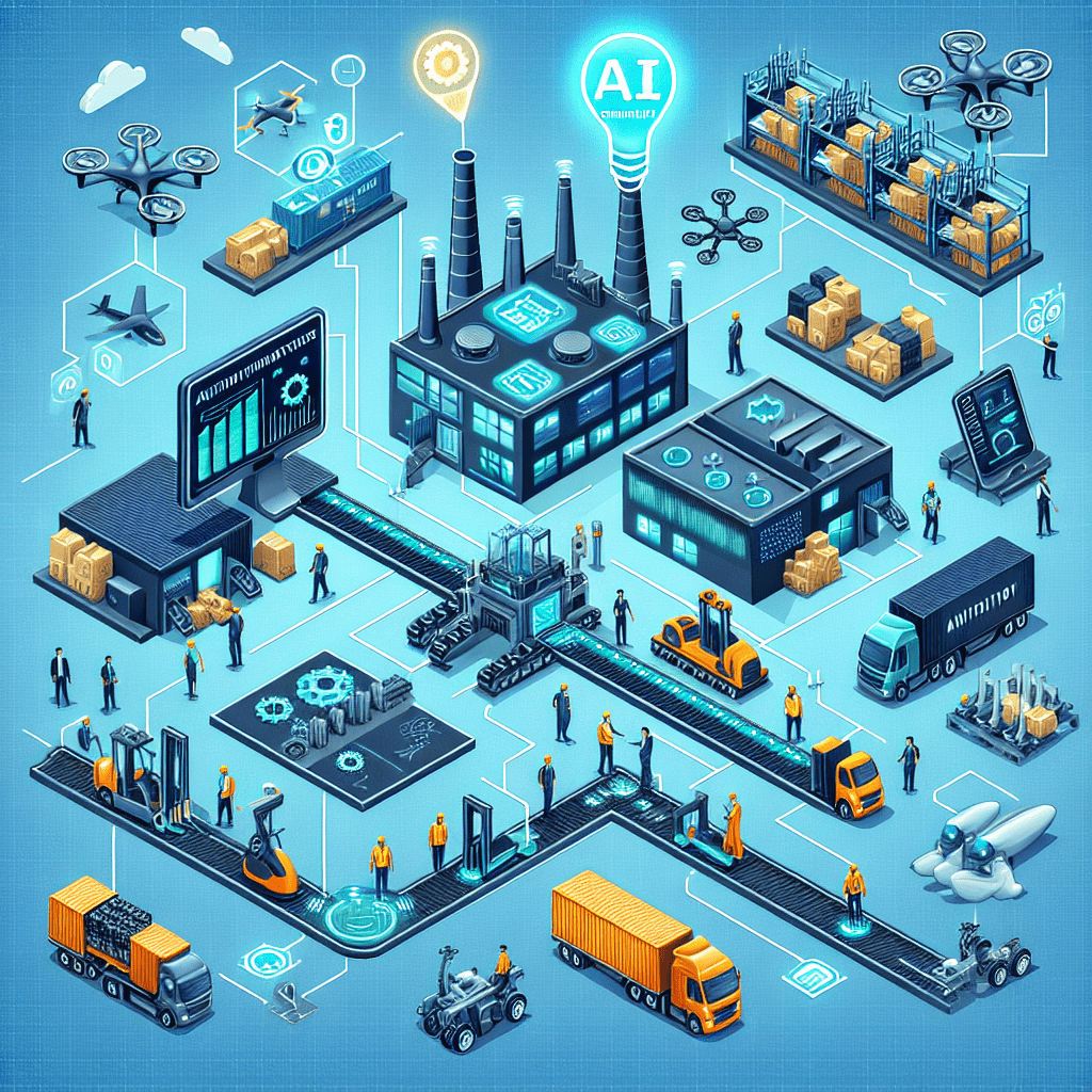 Create a clean tech style illustration full of vivid colors and clearly defined subjects. This image should visually portray the concept of how artifi - illustration related to How AI is Optimizing Supply Chain Management