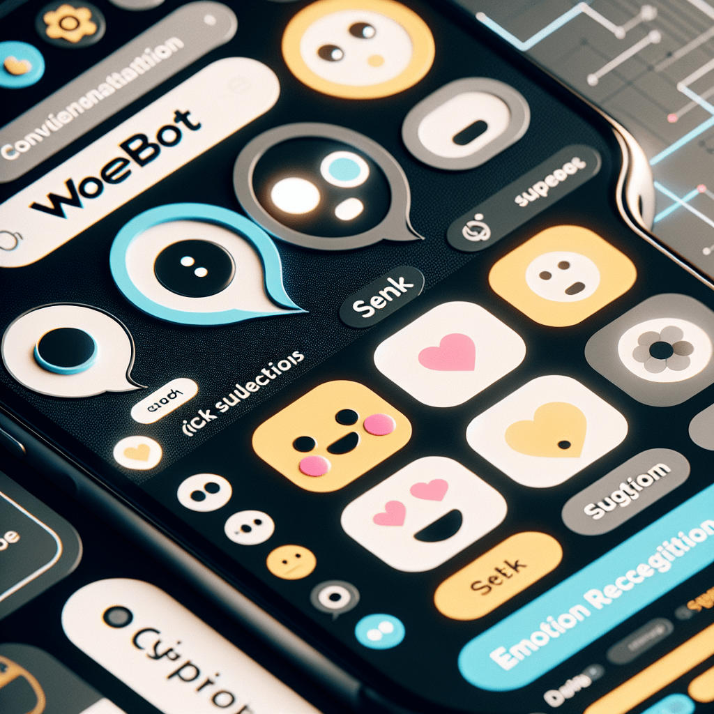 A close-up visualization of two fictional conversational AI applications. One interface is inspired by Woebot, presenting a friendly-looking chatbot c