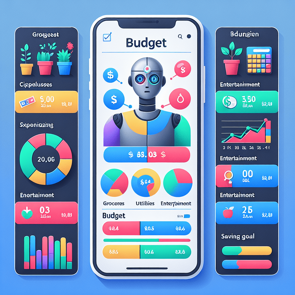 Create an image depicting the user interface of an artificial intelligence-powered budgeting app. The dashboard should include various sections showin