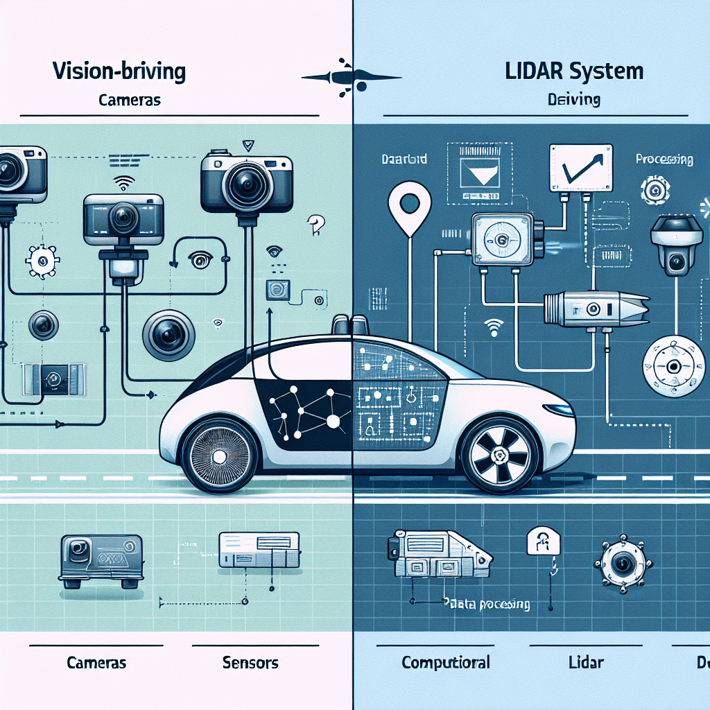 Create a side-by-side comparison image. On the left side, illustrate a vision-based driving system used in electric cars, showcasing cameras, sensors,