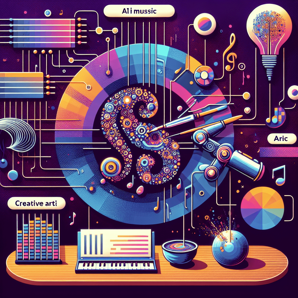 Compose an image in an infographic style that represents The Future of AI-Generated Art and Music. The visual should be vivid and eye-catching, with a - illustration related to The Future of AI-Generated Art and Music
