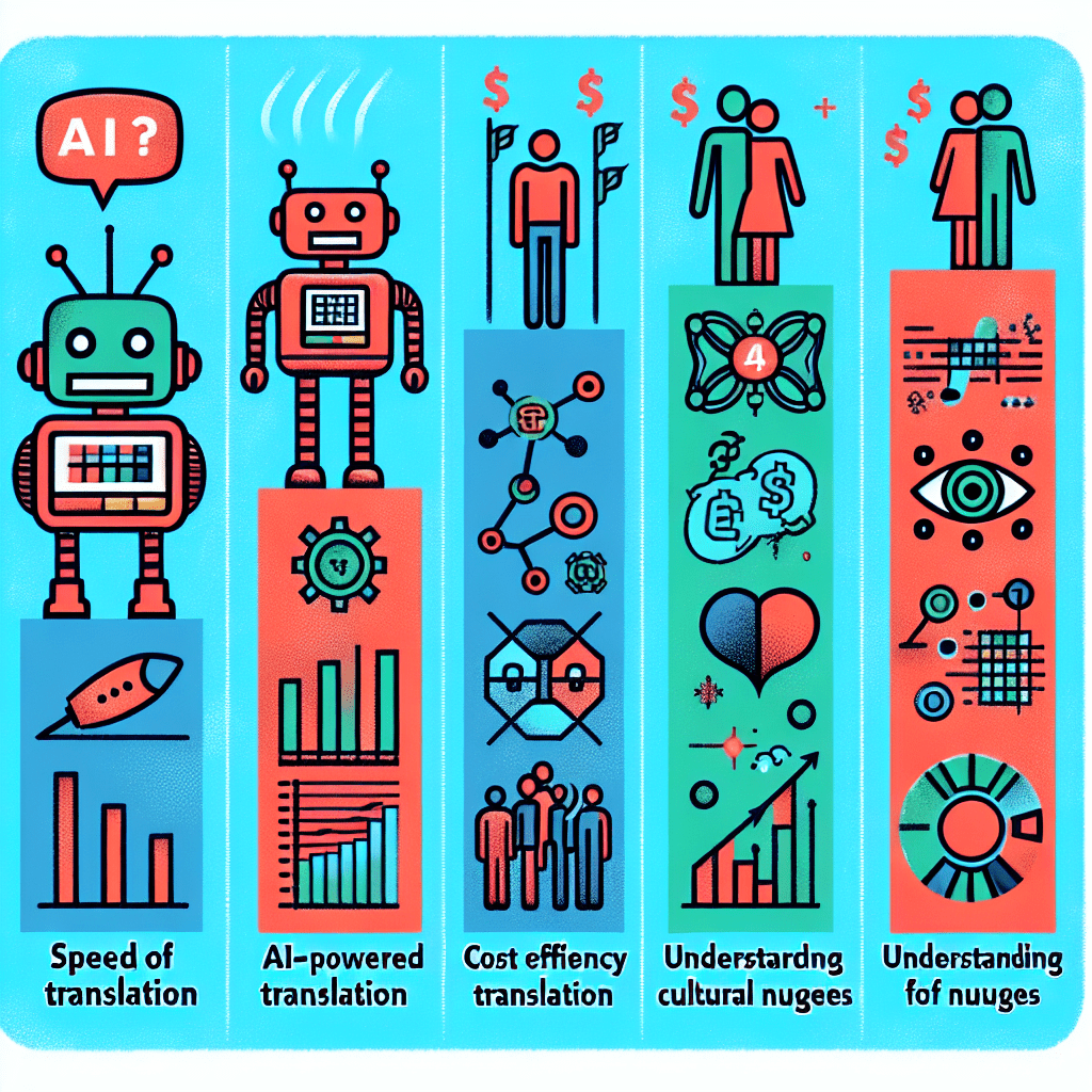 An illustrated chart comparing AI-powered translation tools and human translators side by side. In the chart, four key categories should be highlighted