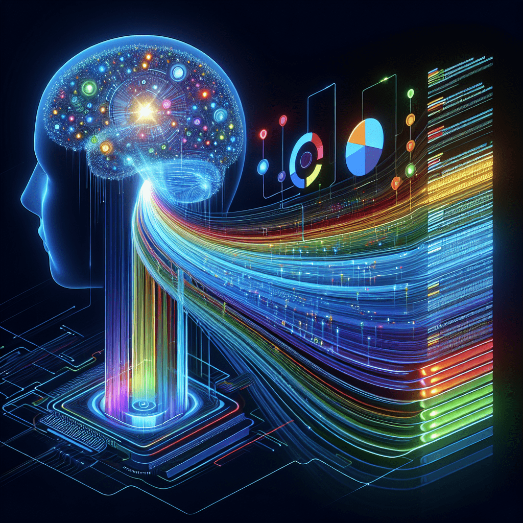 Imagine a visual representation of an artificial intelligent entity interacting with a complex dataset. Visualize layers upon layers of data, represen