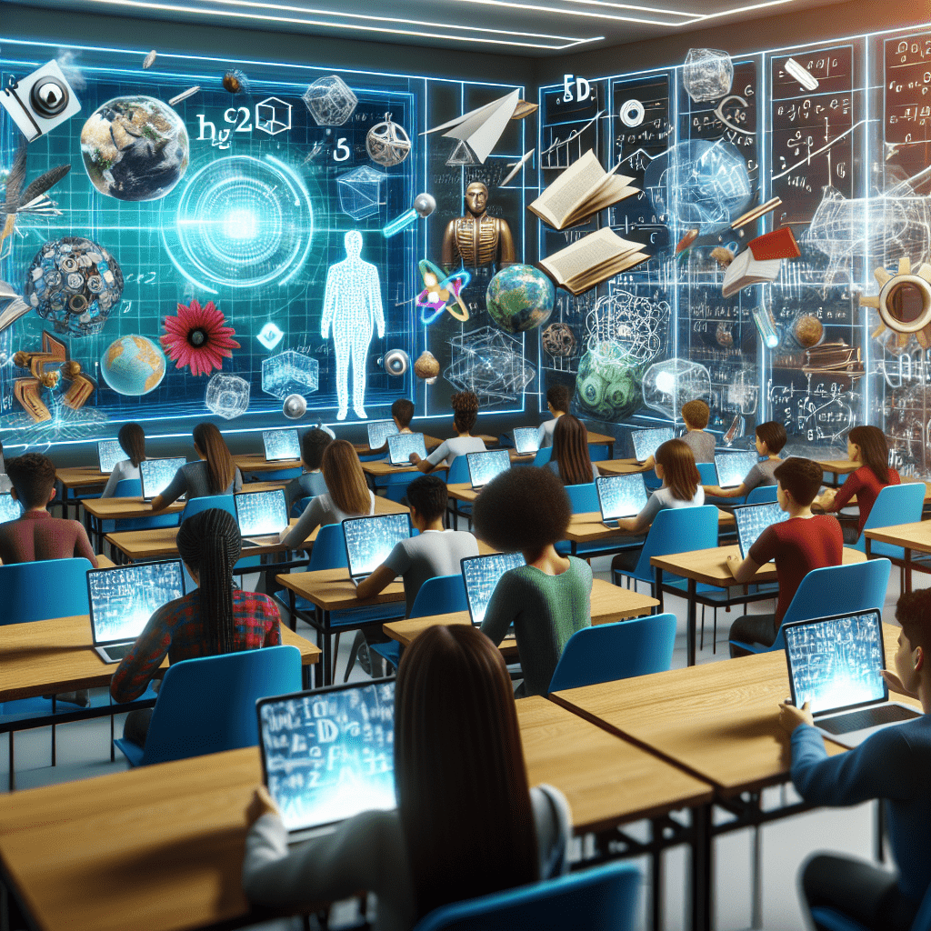 A futuristic, vivid depiction of augmented reality in the education sector. Visualize a classroom where students of different descents, incl - Augmented Reality (AR) in Education: A New Learning Dimension