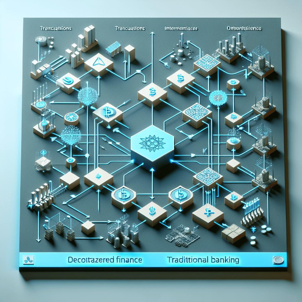 Generate a photorealistic diagram that illustrates the flow of transactions in a decentralized finance (DeFi) system in comparison to traditional bank