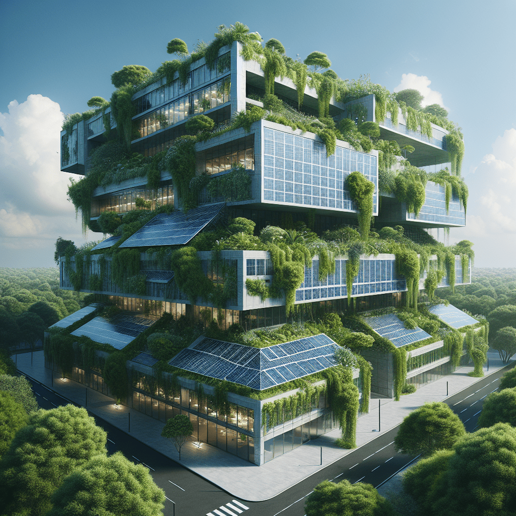 A photorealistic image of a building, designed with artificial intelligence, that highlights the propensity towards energy-efficiency and sustainability.