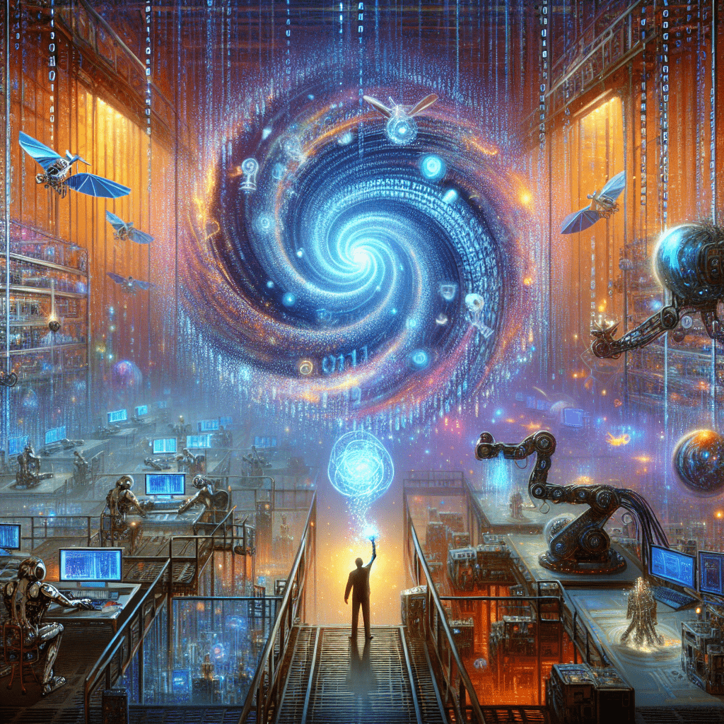 Create a detailed and vivid image encompassing the concept of 'The Emergence of Digital Twins in Industry 4.0'. The scene should represent t - The Emergence of Digital Twins in Industry 4.0