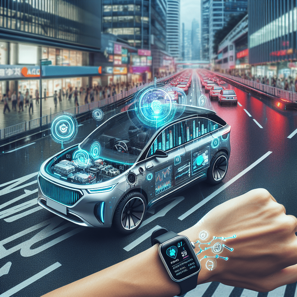 Generate a photorealistic image depicting an autonomous car on a bustling city road. Inside the car, display an array of high-tech electronic displays.