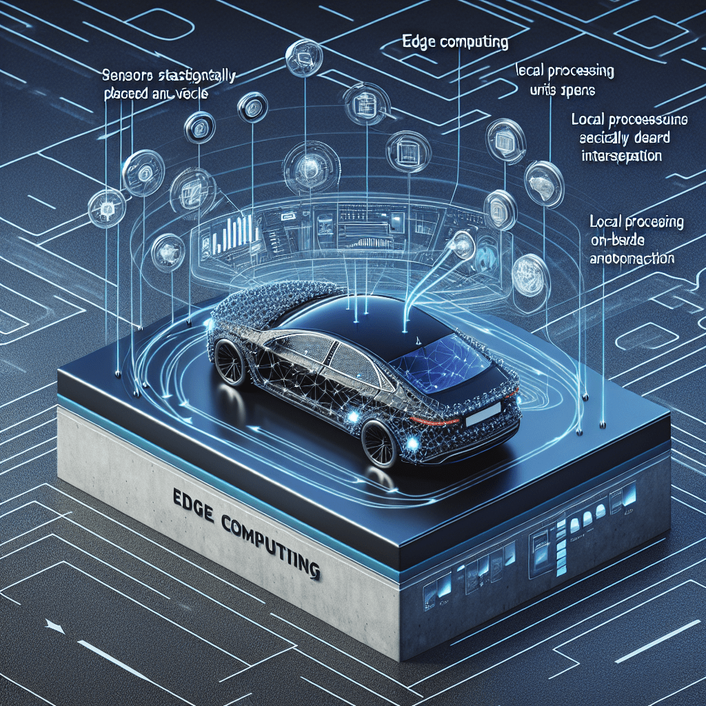 Create a detailed image that showcases edge computing in action within an autonomous vehicle. Illustrate how data flows from sensors strategically pla