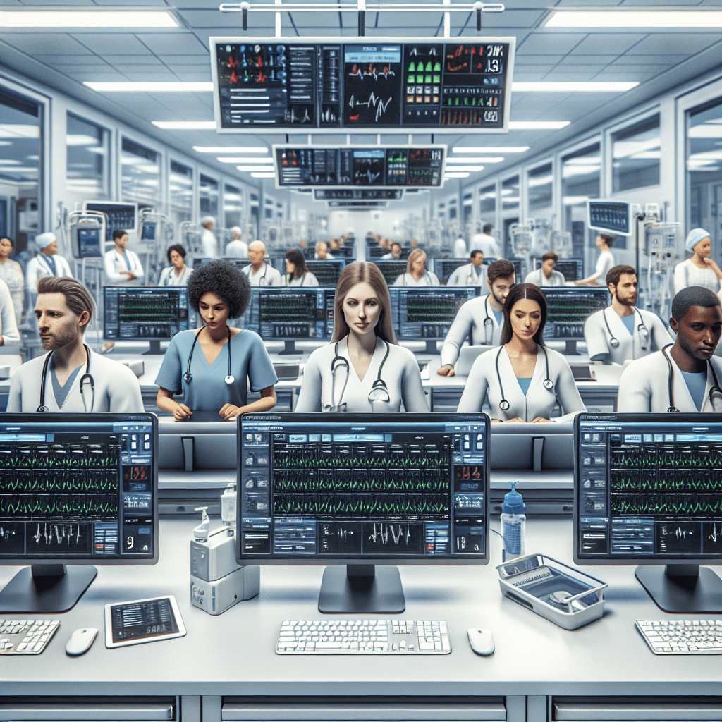Create a photorealistic image of a bustling hospital ward. There are numerous edge computing devices carefully spread throughout the ward, each intent