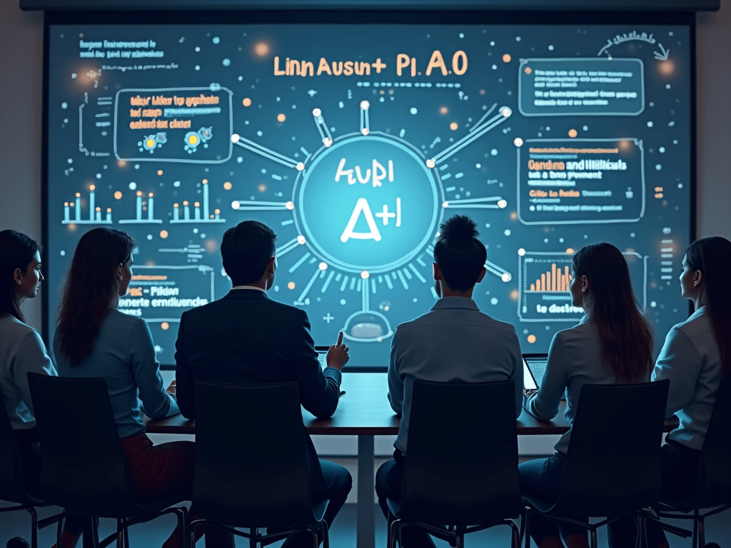 An educational setup showing a marketing team attending a training session on AI tools and strategies.