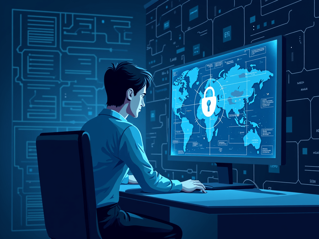 An illustration showing a cybersecurity expert monitoring AI operations and making decisions based on AI-generated insights.