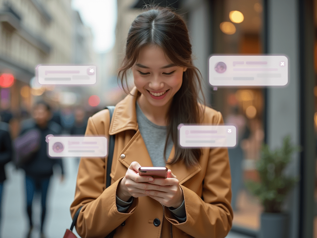 Create an image of a person happily shopping on a smartphone, with suggestions popping up around the screen.