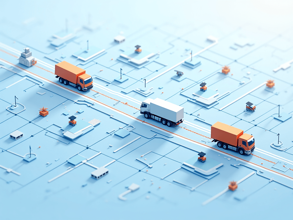Create an image showing a network of delivery routes optimized by AI, illustrating efficiency and speed.