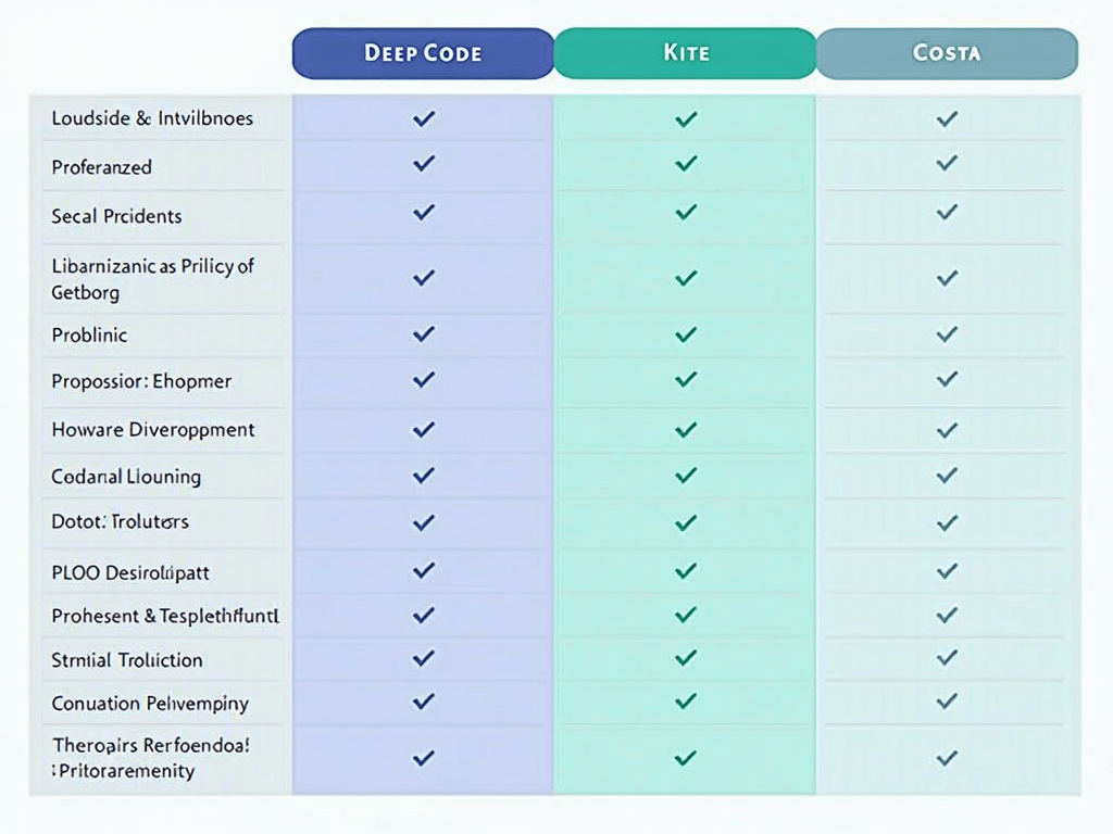 Comparison chart showing features of Kite, Deep Code, and Costa