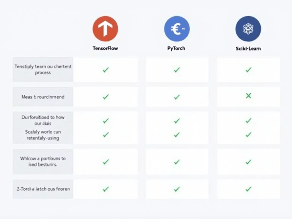 Show an infographic comparing TensorFlow, PyTorch, Keras, and Scikit-learn, highlighting their key features and best use cases.
