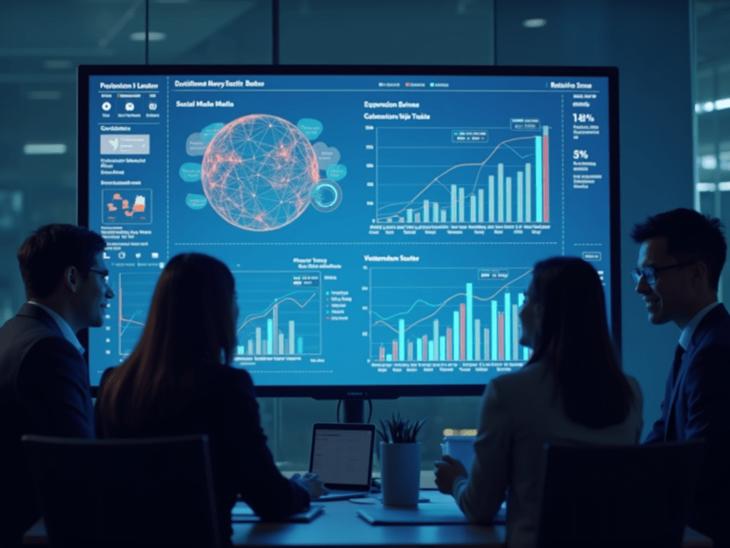Image of a team discussing a digital screen showing social media analytics