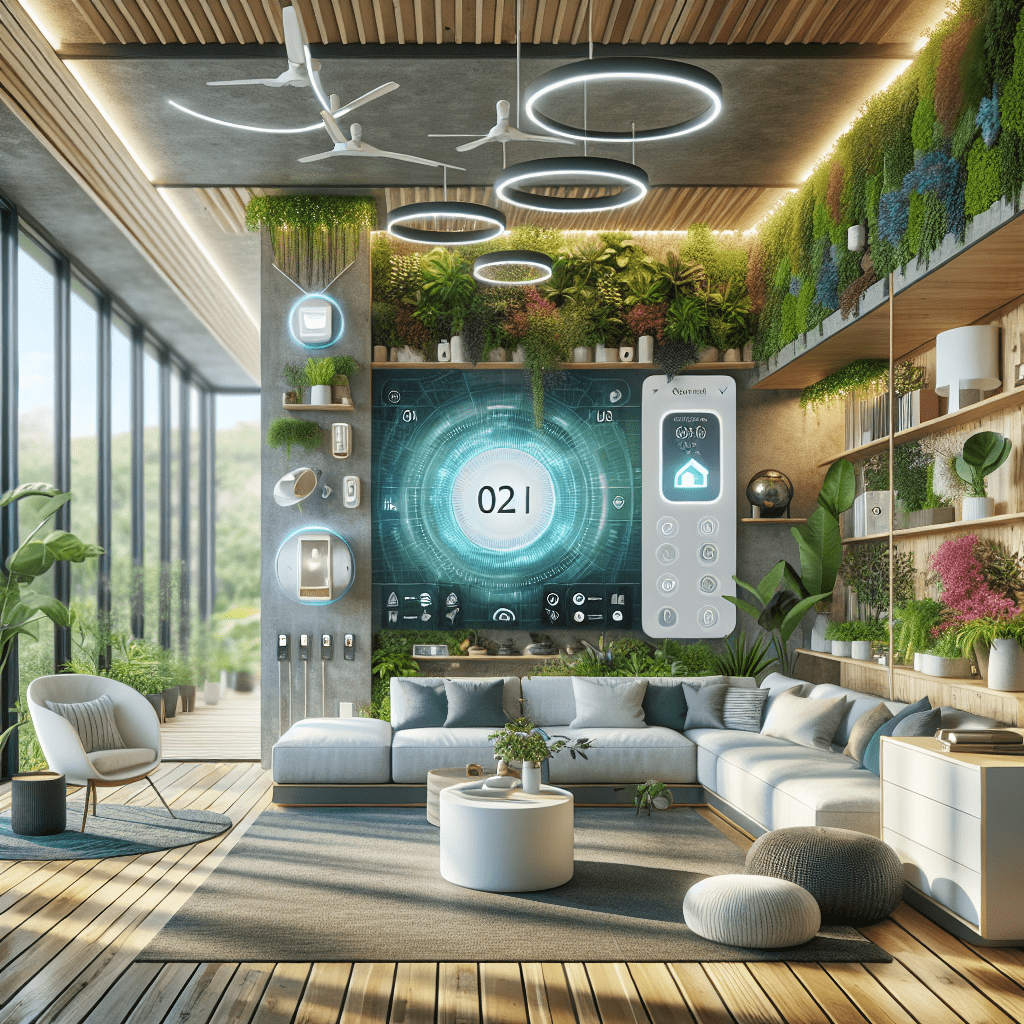 Generate an image of an innovative home living room. This room seamlessly integrates advanced AI technologies such as tablet-controlled lighting, voic