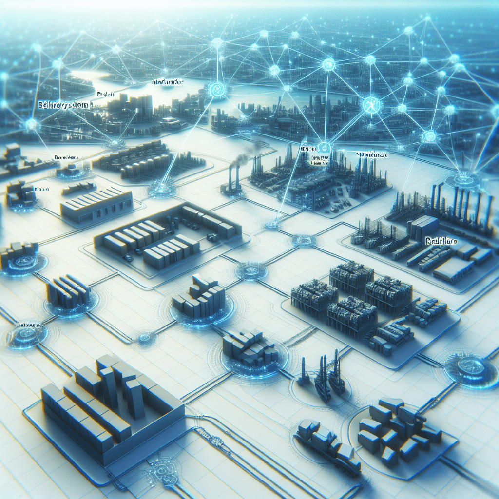 Create a photorealistic depiction of a blockchain network in a supply chain context. Highlight various nodes involved including manufacturers, deliver