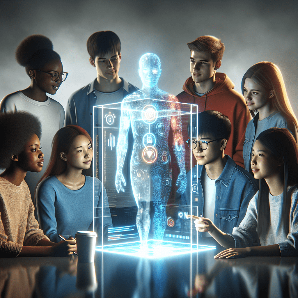 A photorealistic image showing a mixed group of students interacting with an AI-powered educational tool. Picture includes a Caucasian female student,