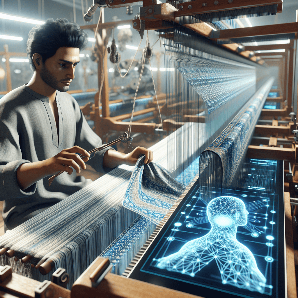 A photorealistic image depicting an artisan of South Asian descent, weaving meticulously on an electronically assisted loom. The scene concentrates on