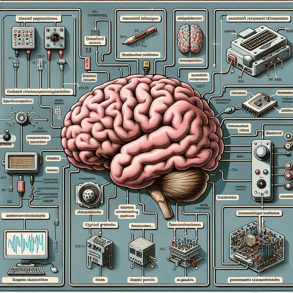 A detailed, clear, and educational diagram demonstrating the fundamental elements of a brain-computer interface. It should include the brain, various
